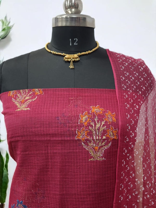 Pure Cotton Hand Block Printed Kota Doria Unstitched 3 pc Salwar Suit - Leheriya