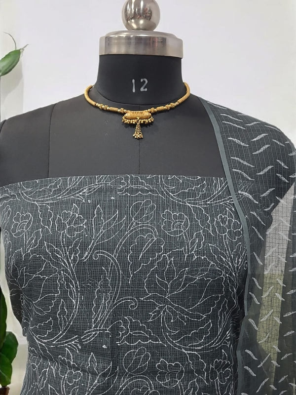 Pure Cotton Hand Block Printed Kota Doria Unstitched 3 pc Salwar Suit - Leheriya