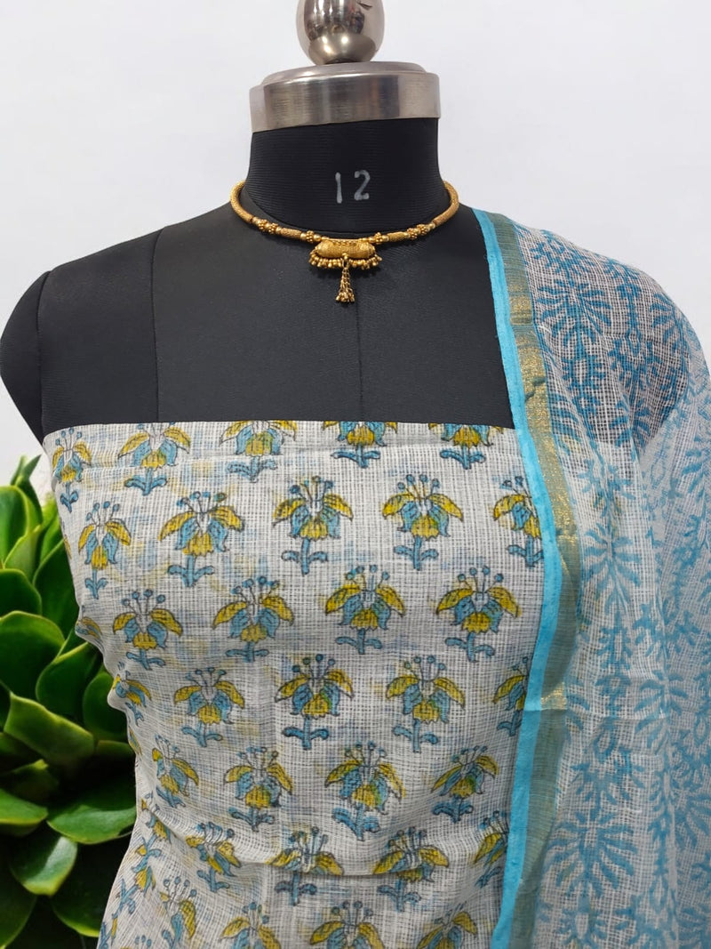 Pure Cotton Hand Block Printed Kota Doria Unstitched 3 pc Salwar Suit - Leheriya