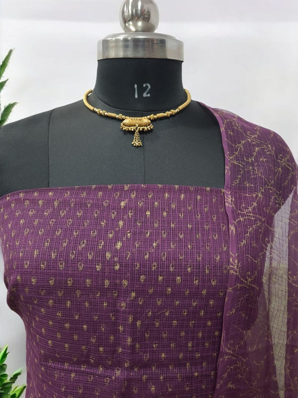 Pure Cotton Hand Block Printed Kota Doria Unstitched 3 pc Salwar Suit - Leheriya