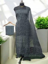 Pure Cotton Hand Block Printed Kota Doria Unstitched 3 pc Salwar Suit - Leheriya