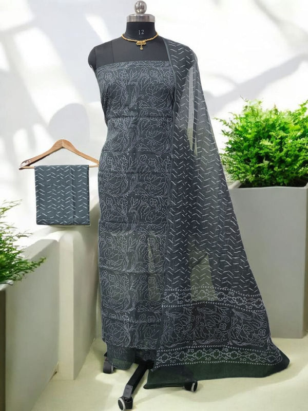 Pure Cotton Hand Block Printed Kota Doria Unstitched 3 pc Salwar Suit - Leheriya