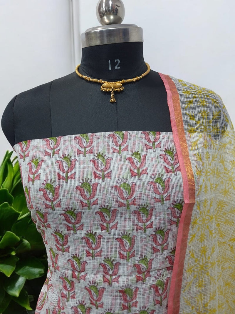 Pure Cotton Hand Block Printed Kota Doria Unstitched 3 pc Salwar Suit - Leheriya