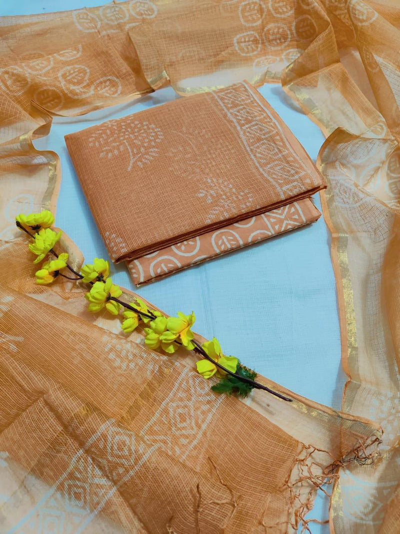 Pure Cotton Hand Block Printed Kota Doria Unstitched Salwar Suit - Leheriya