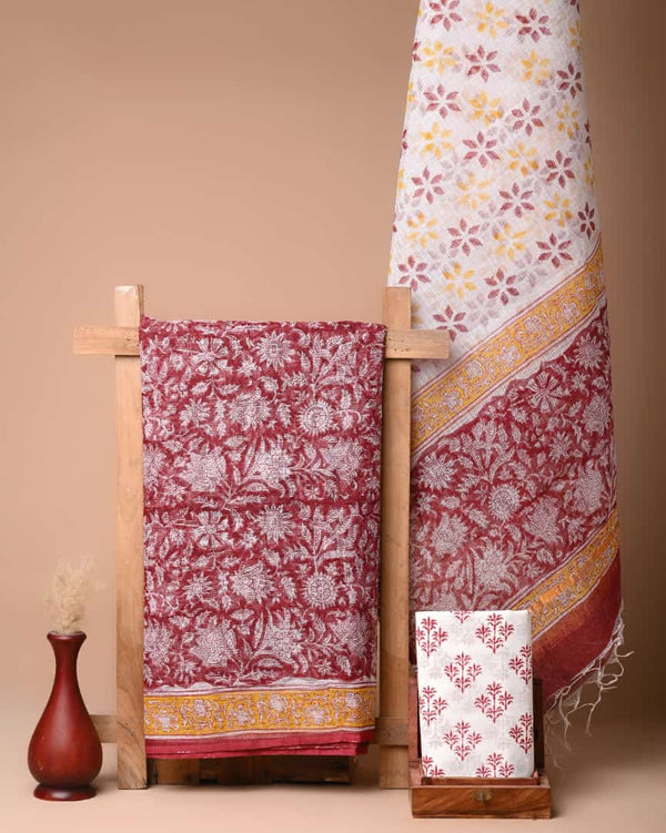 Pure Cotton Hand Block Printed Kota Doria Unstitched Salwar Suit - Leheriya