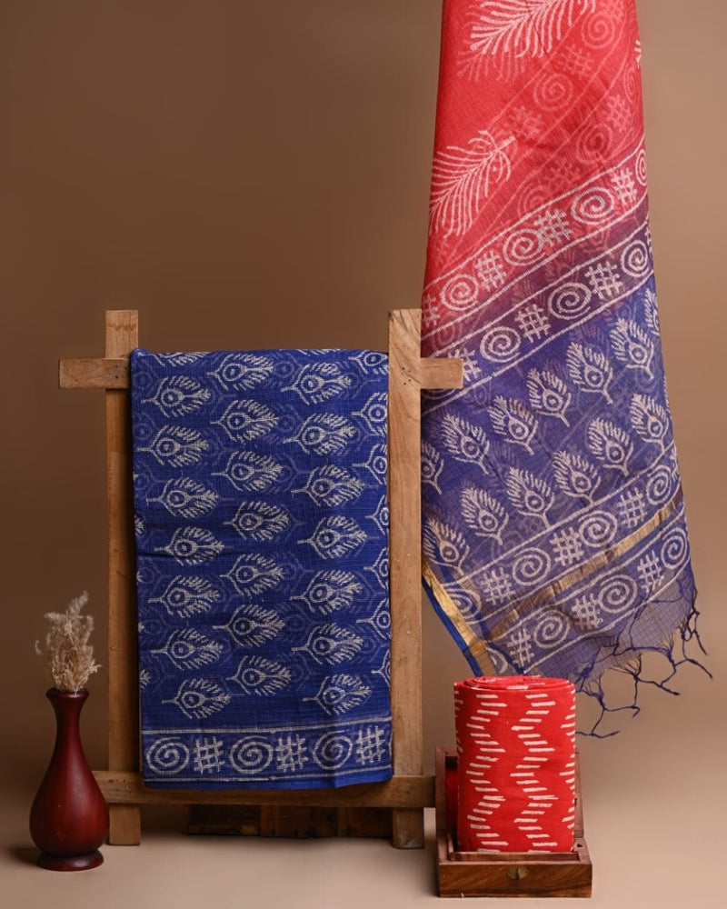 Pure Cotton Hand Block Printed Kota Doria Unstitched Salwar Suit - Leheriya
