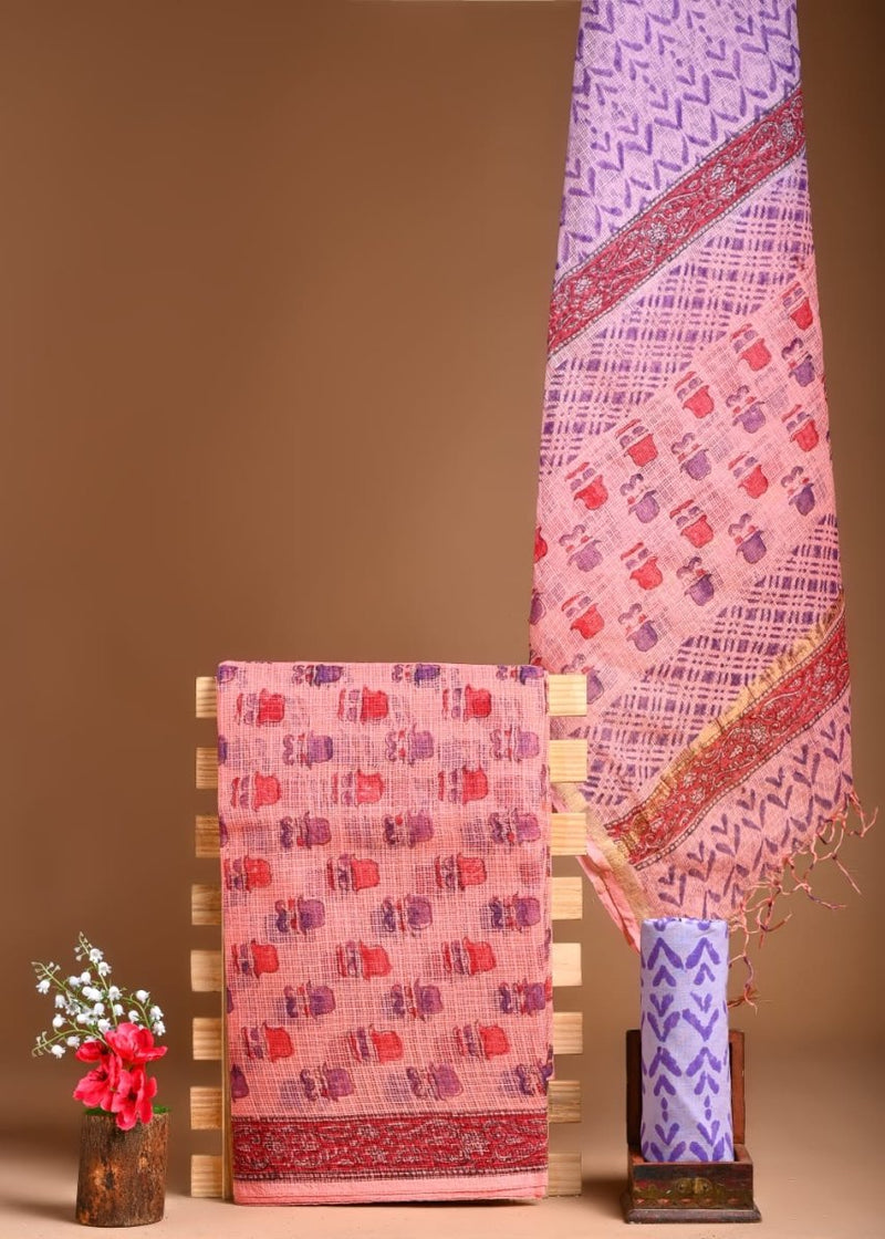 Pure Cotton Hand Block Printed Kota Doria Unstitched Salwar Suit - Leheriya