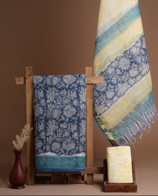 Pure Cotton Hand Block Printed Kota Doria Unstitched Salwar Suit - Leheriya