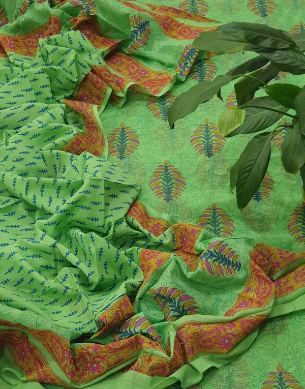 Pure Cotton Hand Block Printed Kota Doria Unstitched Salwar Suit - Leheriya