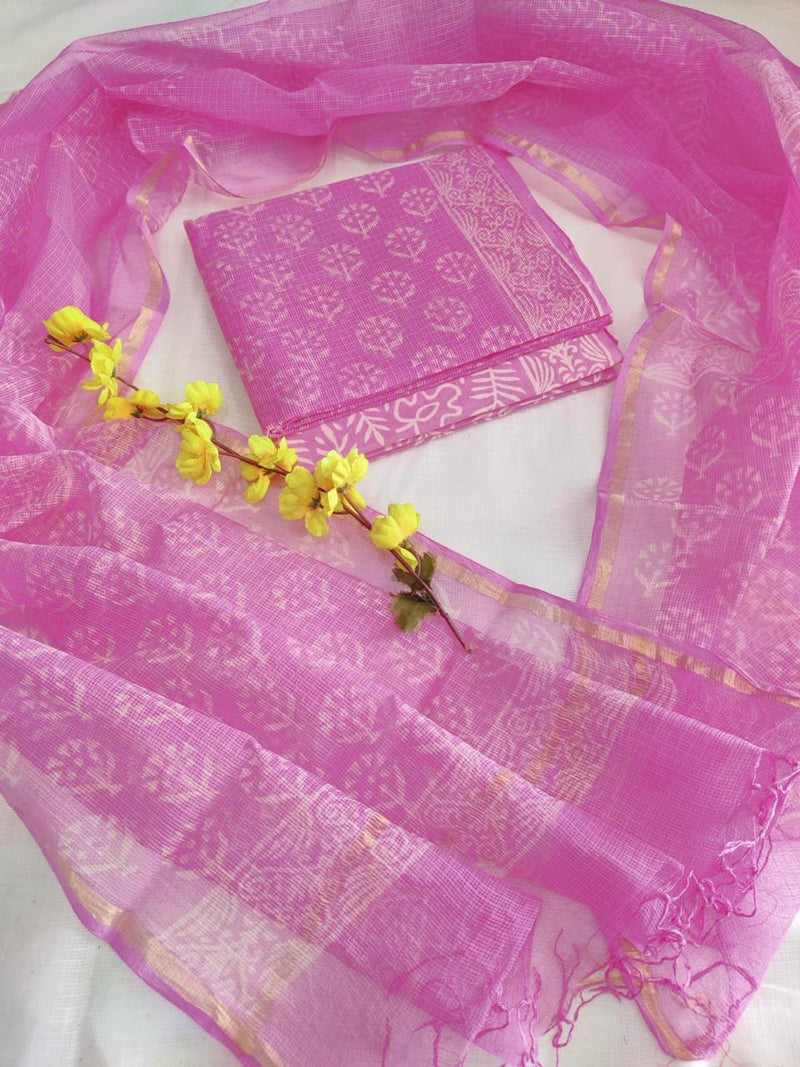 Pure Cotton Hand Block Printed Kota Doria Unstitched Salwar Suit - Leheriya