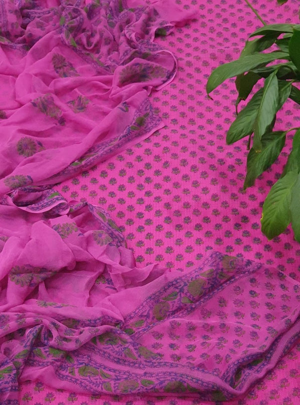 Pure Cotton Hand Block Printed Kota Doria Unstitched Salwar Suit - Leheriya