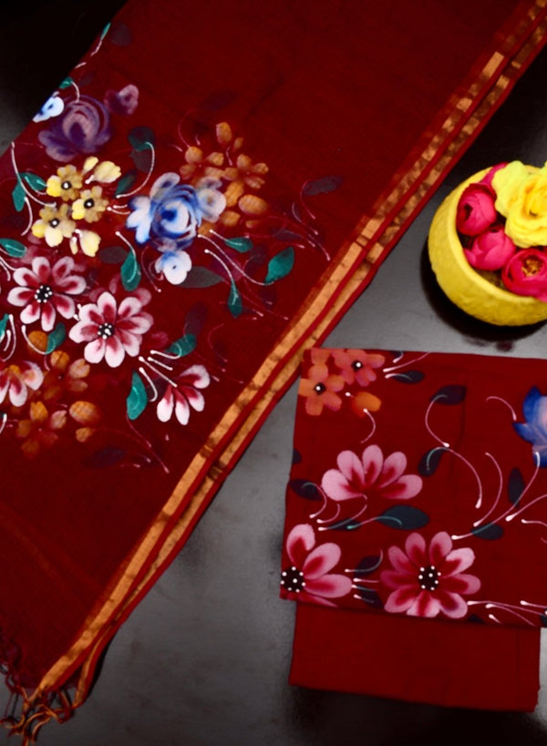 Pure Cotton Hand Painting Suits with Pure Cotton Kota Doria Dupatta - Leheriya