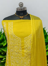 Pure Cotton Lucknow Chikankari Mukaish Handwork Work Yellow Salwar Suit - Leheriya
