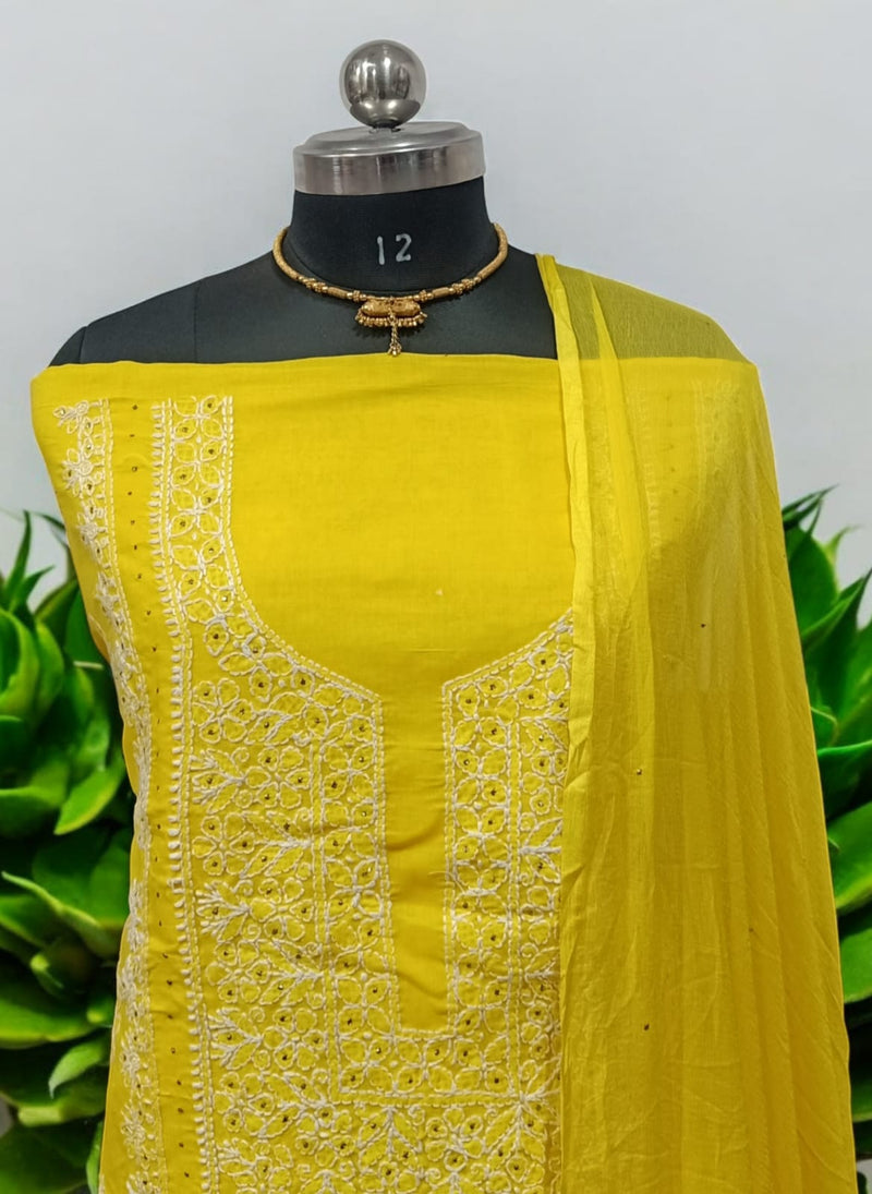 Pure Cotton Lucknow Chikankari Mukaish Handwork Work Yellow Salwar Suit - Leheriya