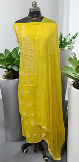 Pure Cotton Lucknow Chikankari Mukaish Handwork Work Yellow Salwar Suit - Leheriya