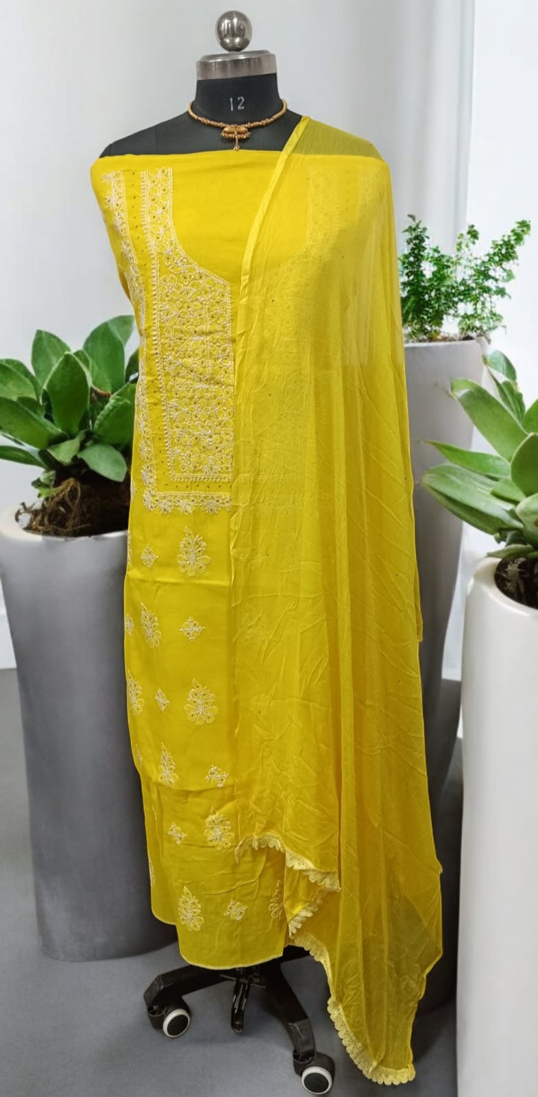 Pure Cotton Lucknow Chikankari Mukaish Handwork Work Yellow Salwar Suit - Leheriya