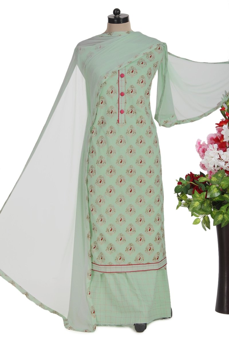 Pure Cotton Sea Green Suit with Chiffon Dupatta - Leheriya