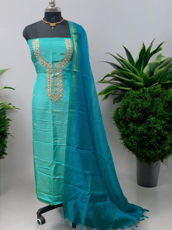 Pure Crepe Handwork 2 Pc Dress Material with Kota Doria Dupatta - Leheriya