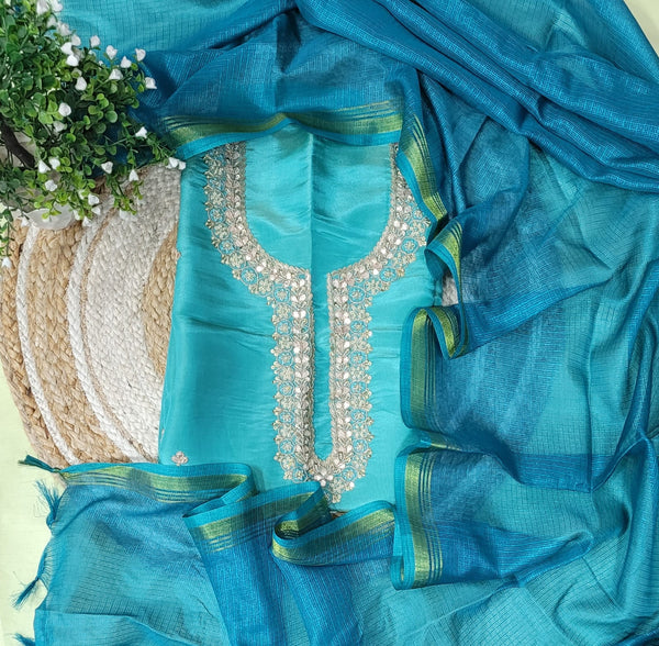 Pure Crepe Handwork 2 Pc Dress Material with Kota Doria Dupatta - Leheriya