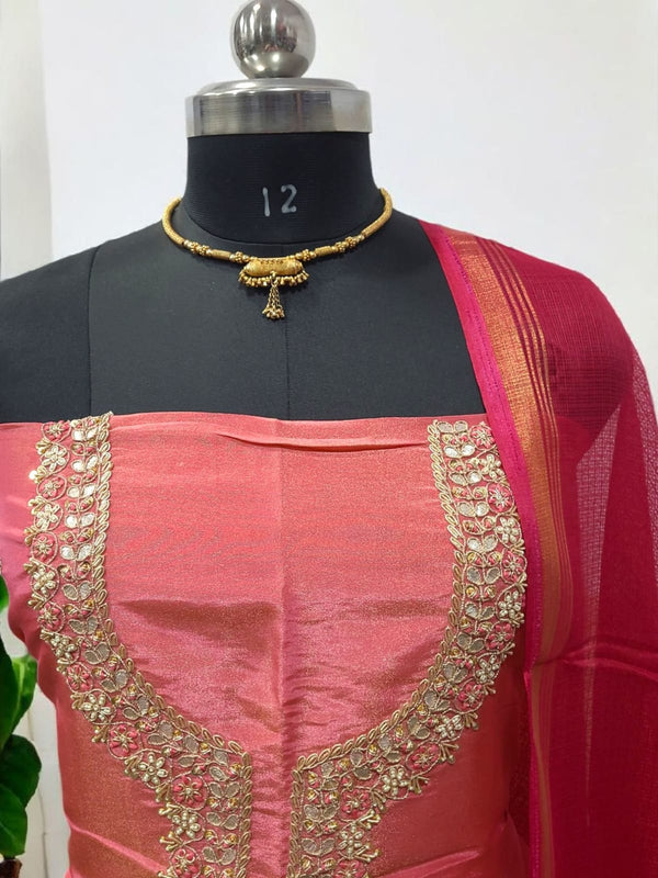 Pure Crepe Handwork 2 Pc Dress Material with Kota Doria Dupatta Shine Pink Color - Leheriya