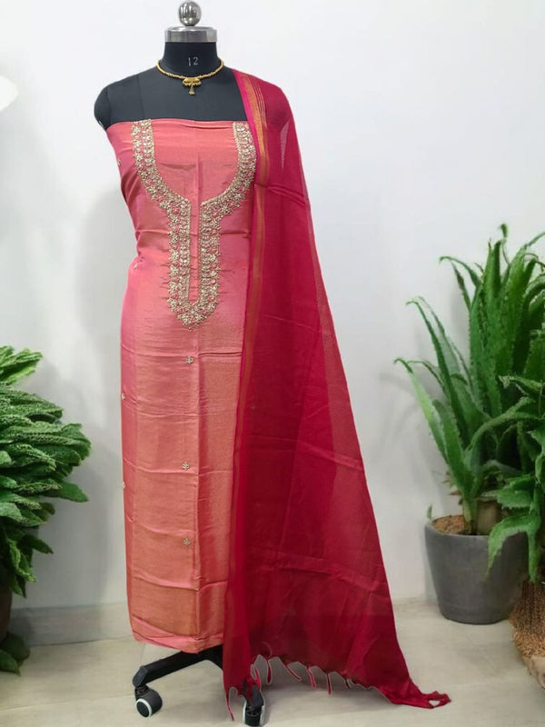 Pure Crepe Handwork 2 Pc Dress Material with Kota Doria Dupatta Shine Pink Color - Leheriya