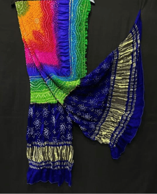 Pure Gaji Silk Tissue Pallu Multi Color Dyeing Chandrokhani Design Bandhani Dupatta - Leheriya