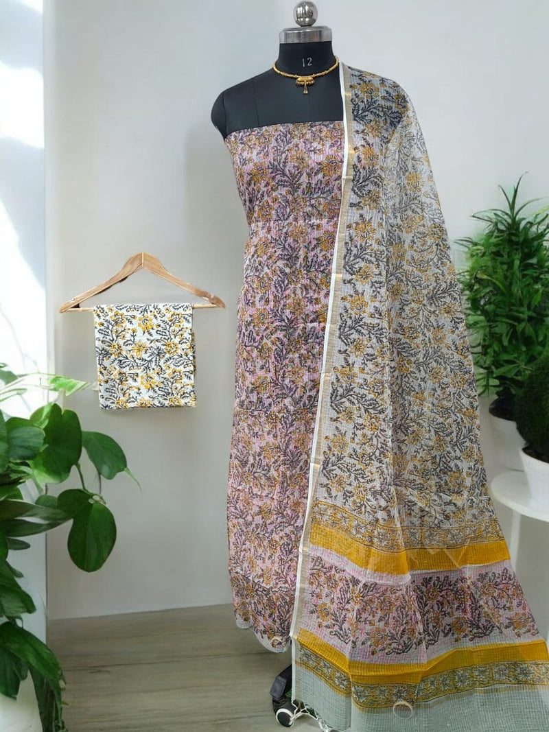 Pure Kota Doria Cotton 3 pc Hand Block Print Salwar Suit - Leheriya