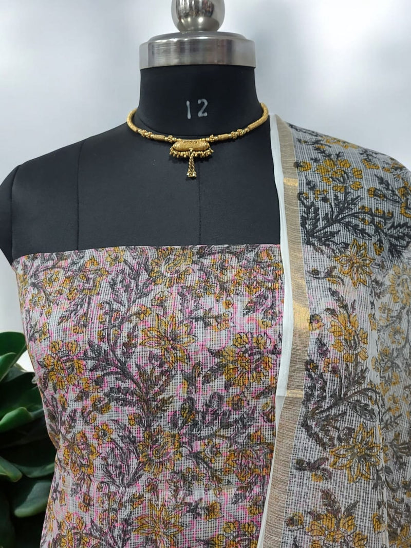 Pure Kota Doria Cotton 3 pc Hand Block Print Salwar Suit - Leheriya