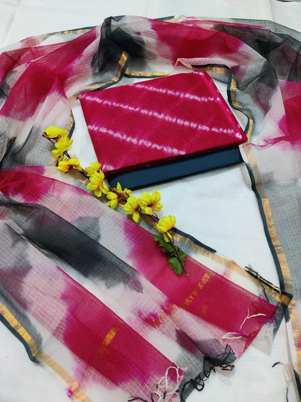 Pure Kota Doria Cotton 3 pc Tie And Dye Salwar Suit with Bandhej Dupatta - Leheriya