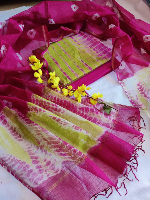 Pure Kota Doria Cotton 3 pc Tie And Dye Salwar Suit with Bandhej Dupatta - Leheriya