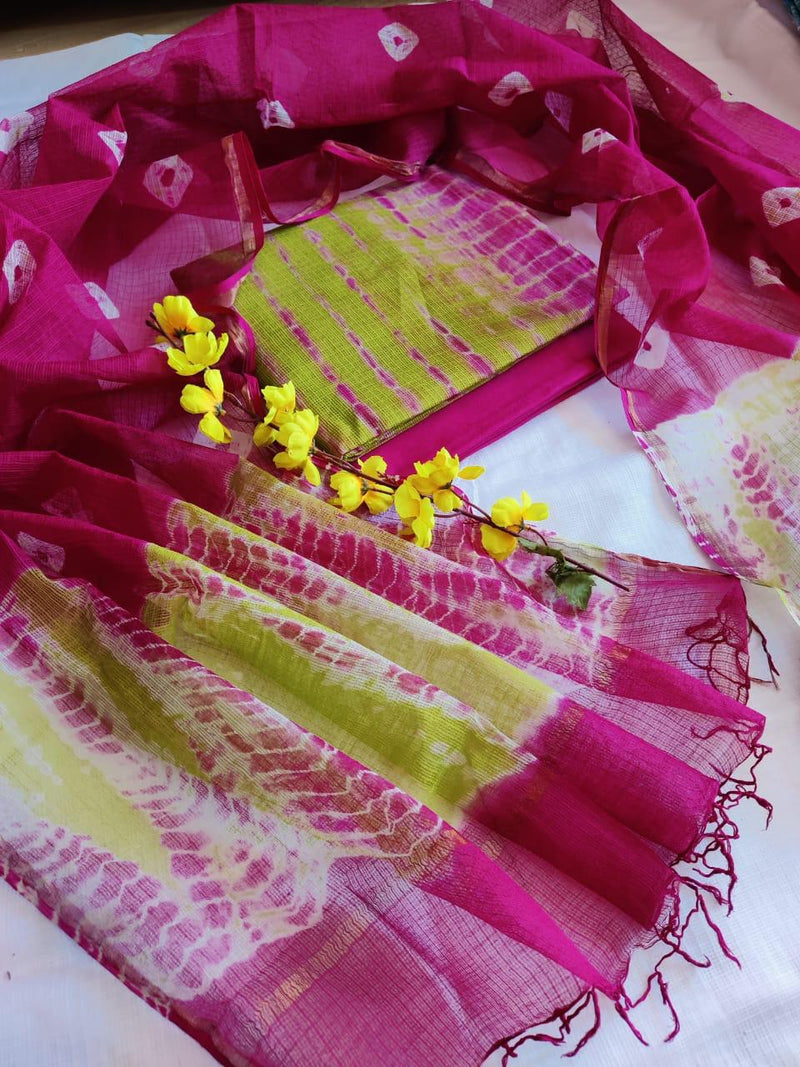 Pure Kota Doria Cotton 3 pc Tie And Dye Salwar Suit with Bandhej Dupatta - Leheriya