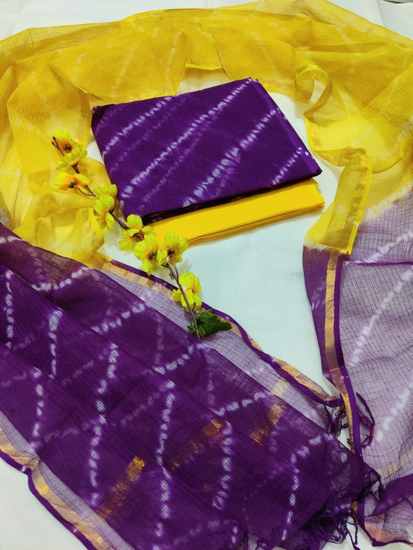 Pure Kota Doria Cotton 3 pc Tie And Dye Salwar Suit with Bandhej Dupatta - Leheriya