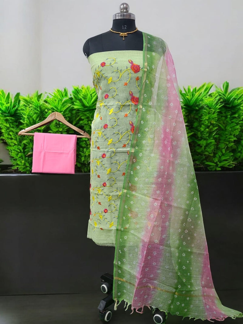 Pure Kota Doria Cotton Embroidery 3 pc Salwar Suit with Bandhej Dupatta - Leheriya