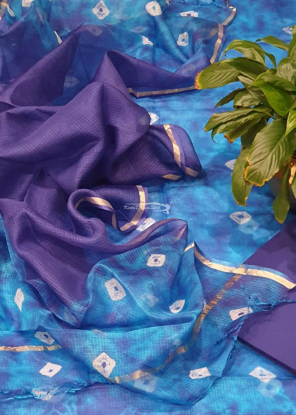 Pure Kota Doria Silk 3 Pc Unstitched Salwar - Suit - Leheriya