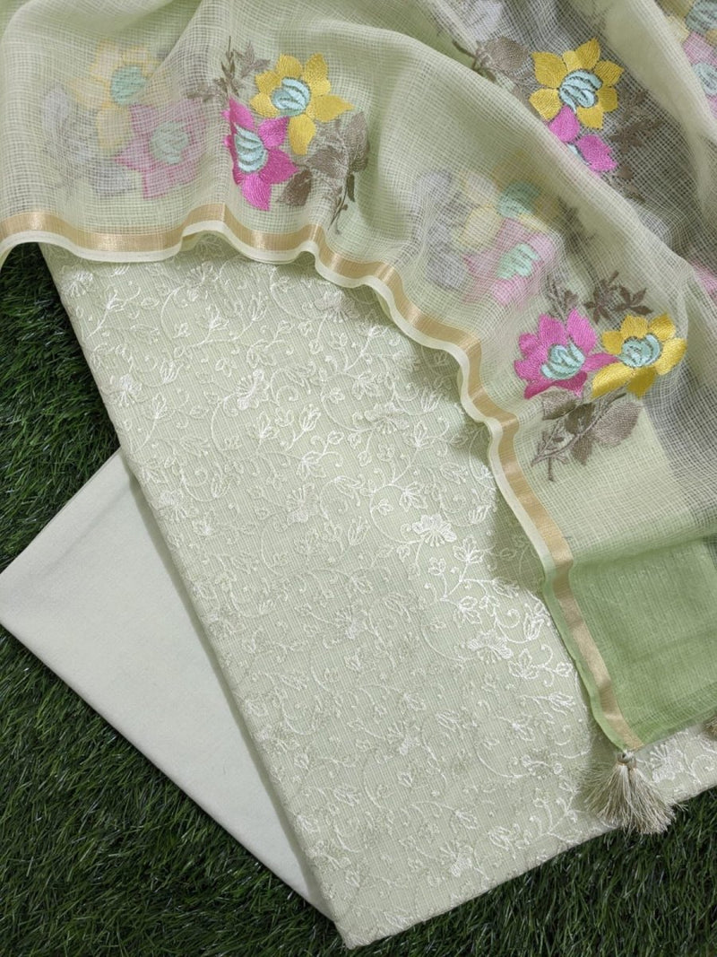 Pure Kota Doria Silk Embroidery 3 pc Salwar Suit with Beautiful Shaded Kota Doria Dupatta - Leheriya