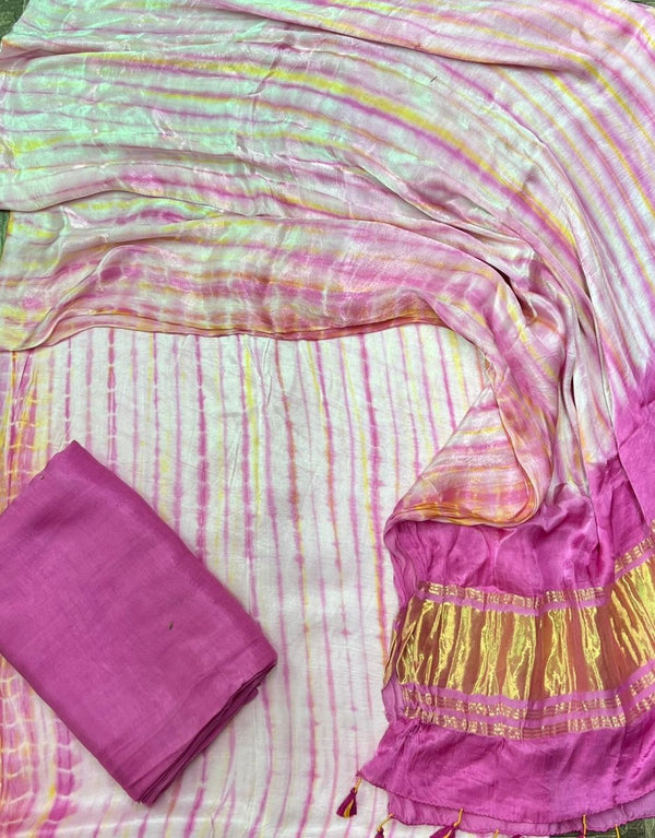 Pure Modal Silk Tie and Dye 3 pc Salwar Suit - Leheriya