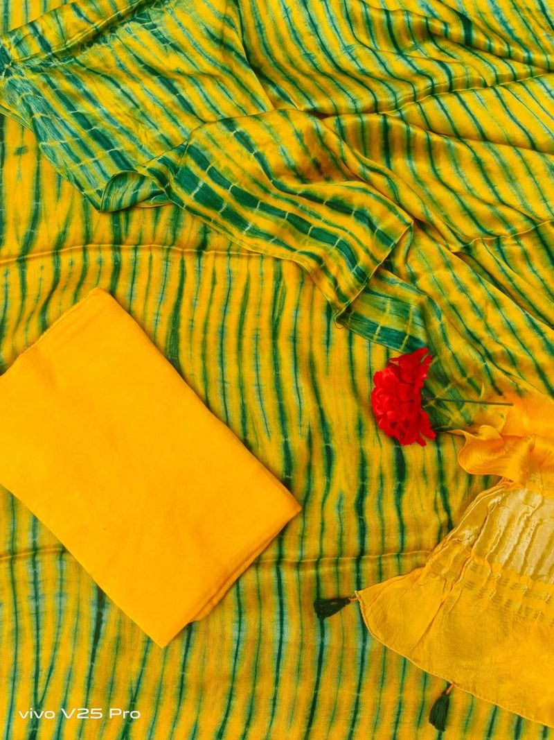 Pure Modal Silk Tie and Dye 3 pc Salwar Suit - Leheriya
