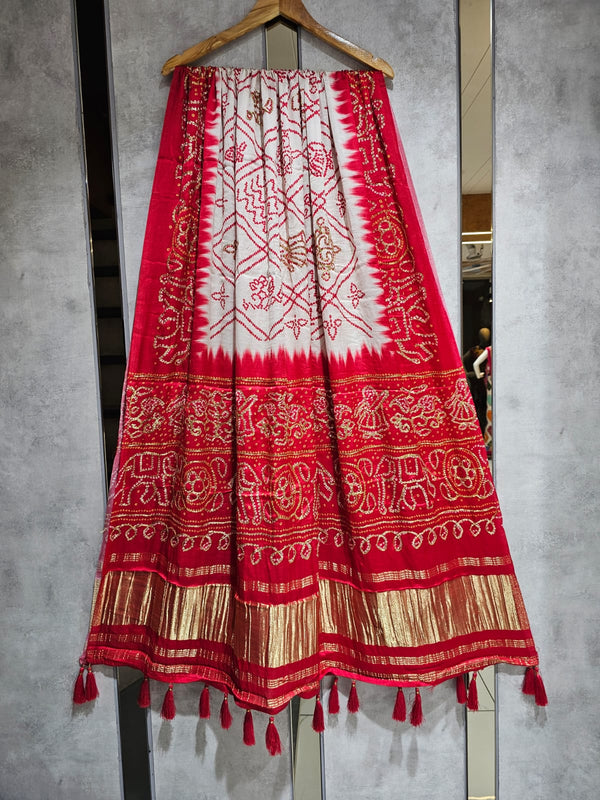 Pure Silk Bandhani Digital Print Dupatta with Silk Tissue Pallu with Handwork (Wedding Special) - Leheriya