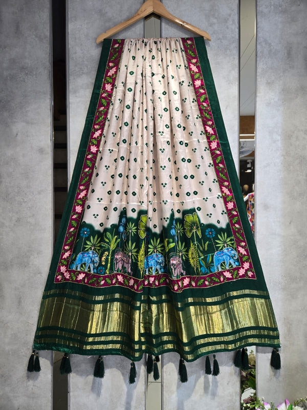 Pure Silk Bandhani Digital Print Dupatta with Silk Tissue Pallu with Handwork (Wedding Special) - Leheriya