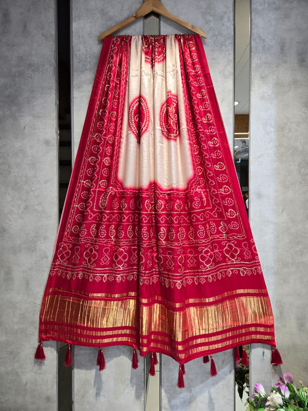 Pure Silk Bandhani Digital Print Dupatta with Silk Tissue Pallu with Handwork (Wedding Special) - Leheriya
