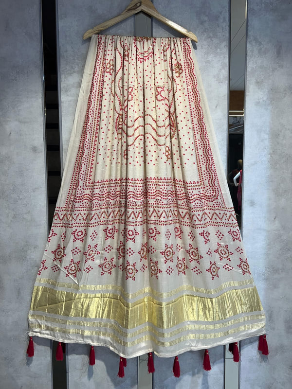 Pure Silk Chandrokhani Digital Print Dupatta with Silk Tissue Pallu with Handwork (Wedding Special) - Leheriya