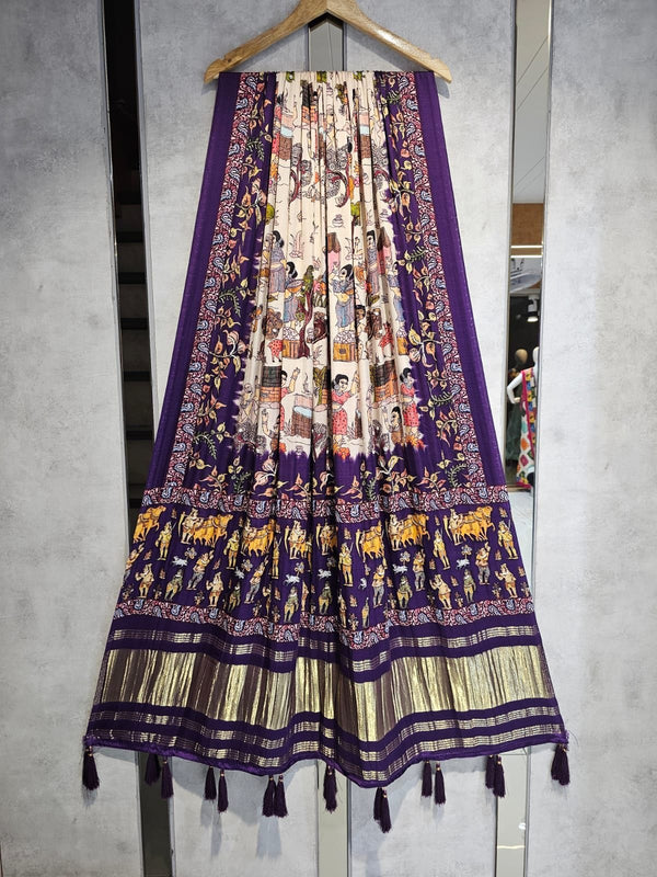 Pure Silk Figure Digital Print Dupatta with Silk Tissue Pallu with Handwork (Wedding Special) - Leheriya