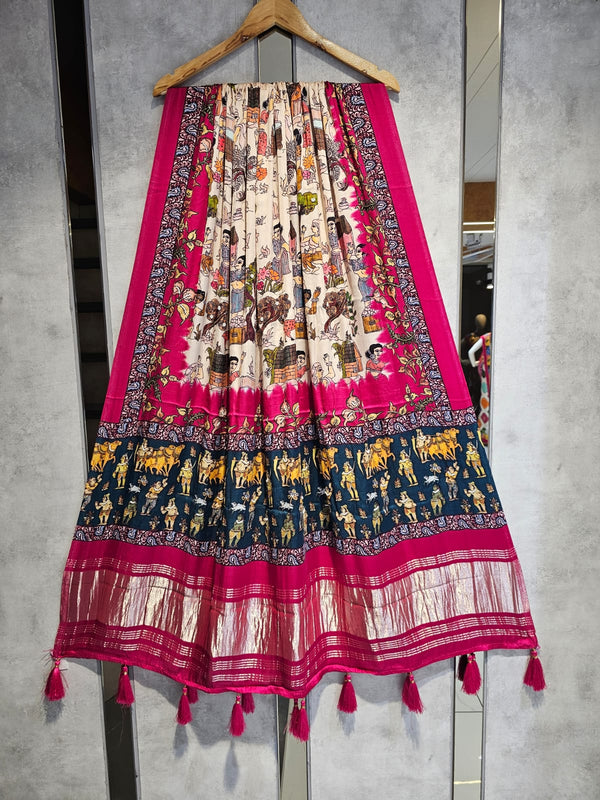 Pure Silk Figure Digital Print Dupatta with Silk Tissue Pallu with Handwork (Wedding Special) - Leheriya