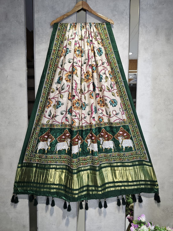 Pure Silk Kalamkari Digital Print Dupatta with Silk Tissue Pallu with Handwork (Wedding Special) - Leheriya