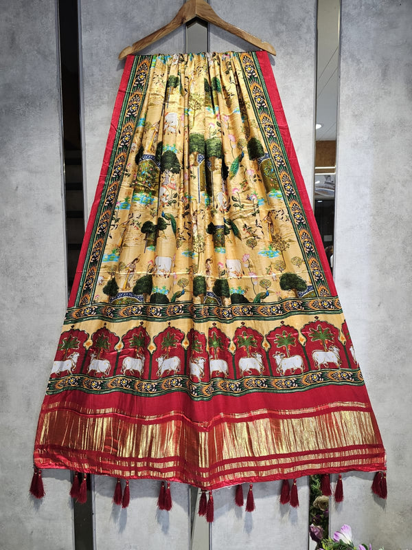 Pure Silk Kalamkari Digital Print Dupatta with Silk Tissue Pallu with Handwork (Wedding Special) - Leheriya