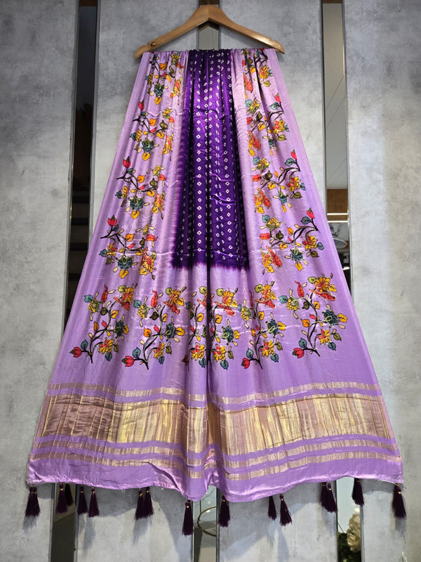 Pure Silk Kalamkari Digital Print Dupatta with Silk Tissue Pallu with Handwork (Wedding Special) - Leheriya