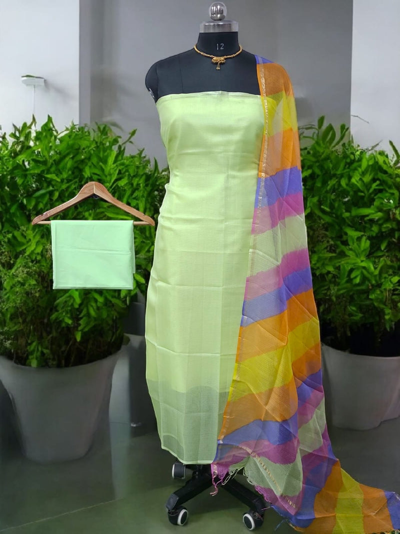 Pure Silk Kota Doria Tie & Dye 3 pc Salwar Suit with Multicolor Kota Doria Silk Dupatta - Leheriya