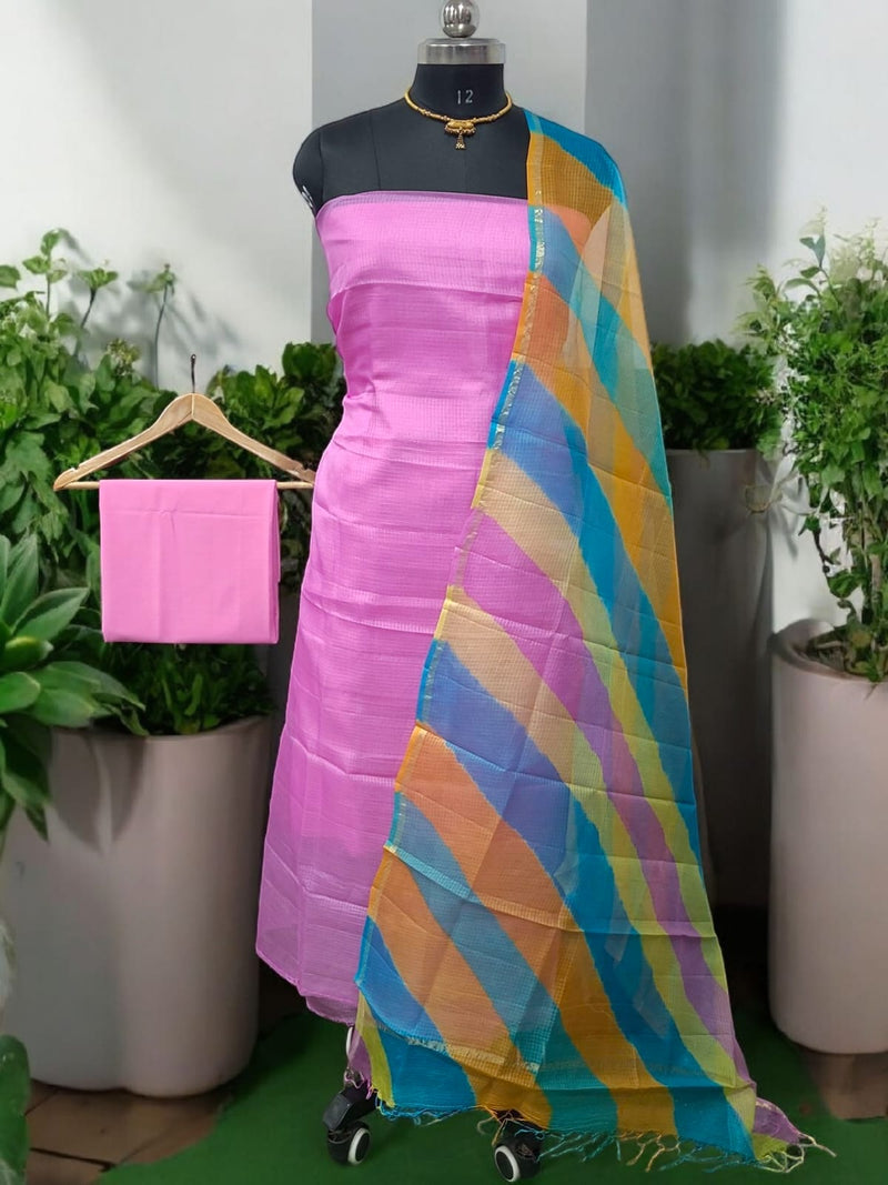 Pure Silk Kota Doria Tie & Dye 3 pc Salwar Suit with Multicolor Kota Doria Silk Dupatta - Leheriya