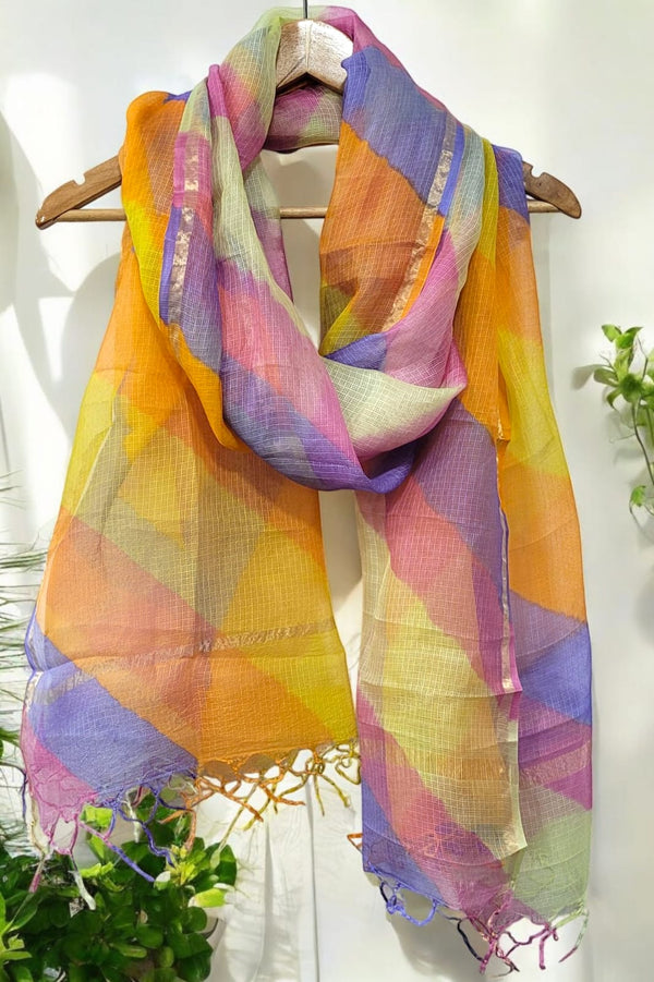 Pure Silk Kota Doria Tie & Dye Multicolor Dupatta - Leheriya