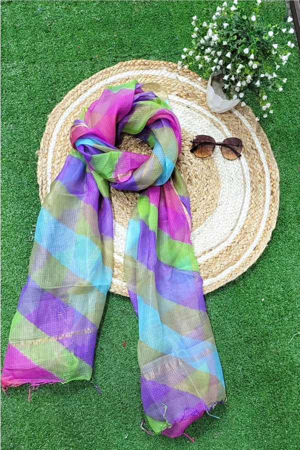 Pure Silk Kota Doria Tie & Dye Multicolor Dupatta - Leheriya